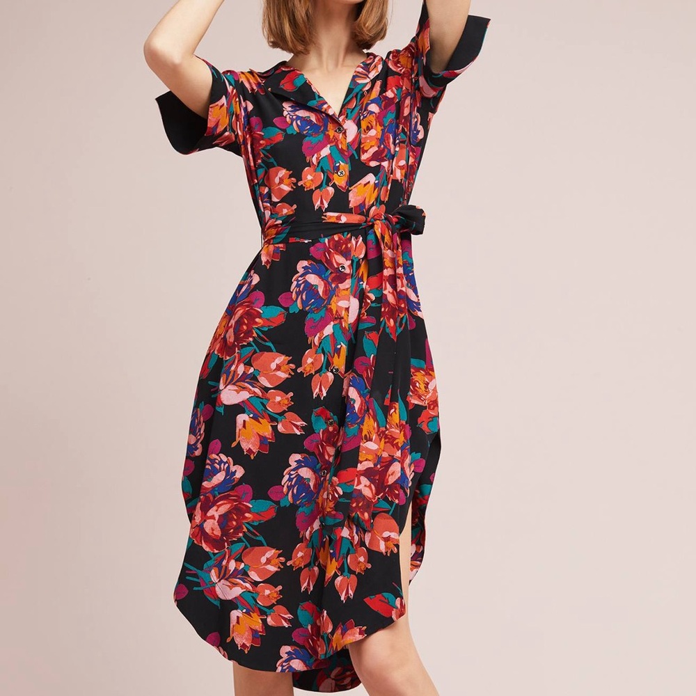 Maeve Anthropologie Black Floral Belted Button-down Dress